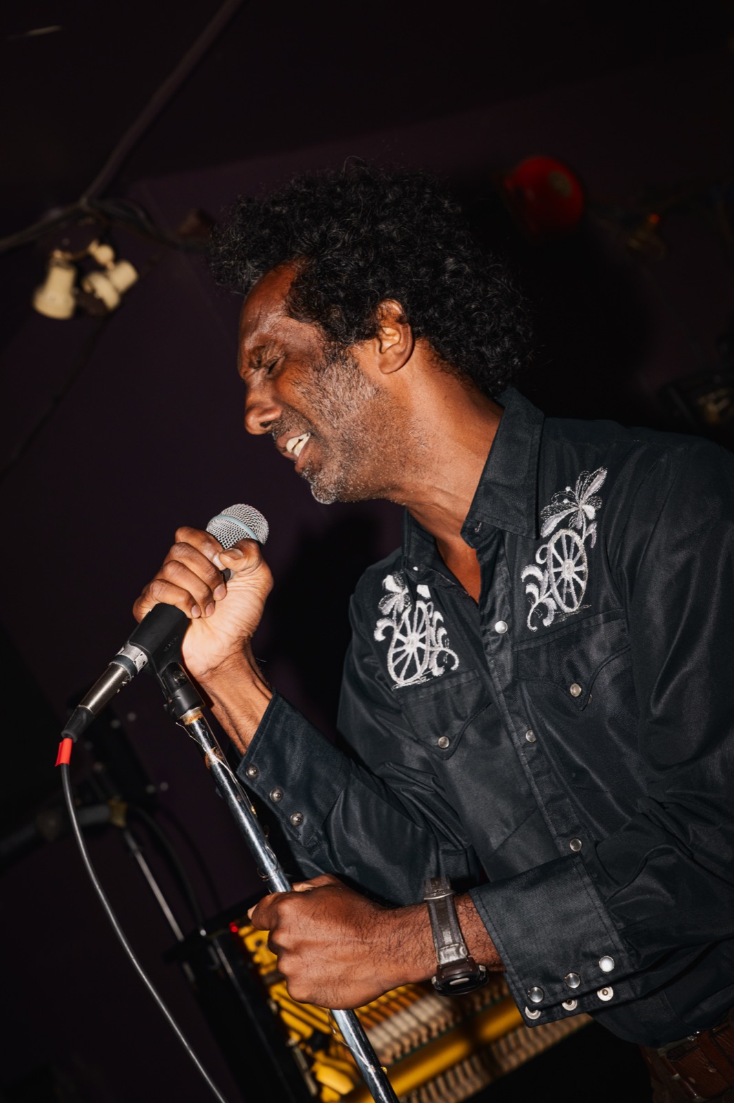 A vocalist singing into the microphone on stage